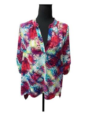 Fury Abstract Print Blouse V Neck Boho Top Pink Blue Multicolor Tunic Chic